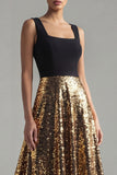 Sparkly A-Line Black and Gold Sequins Square Neck Long Formal Dress