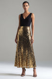 Sparkly Black and Gold Sequins A-Line V-Neck Long Formal Dress