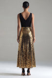 Sparkly Black and Gold Sequins A-Line V-Neck Long Formal Dress
