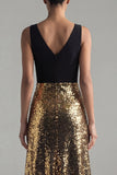 Sparkly Black and Gold Sequins A-Line V-Neck Long Formal Dress