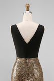 Sparkly Black and Gold Sequins A-Line V-Neck Long Formal Dress