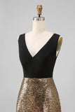 Sparkly Black and Gold Sequins A-Line V-Neck Long Formal Dress