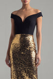 Sparkly Black and Gold Sequins Off the Shoulder Sheath Long Formal Dress with Slit