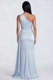 Sky Blue One Shoulder Ruched Mermaid Formal Dress