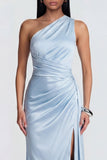 Sky Blue One Shoulder Ruched Mermaid Formal Dress