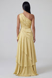 Yellow Ruffled A Line One Shoulder Long Formal Dress
