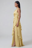 Yellow Ruffled A Line One Shoulder Long Formal Dress
