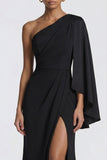 Black Mermaid One Shoulder Formal Dress with Side Cape