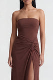 Strapless Brown Ruched Sheath Long Formal Dress