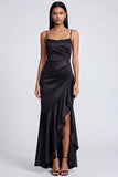 Black Mermaid Spaghetti Straps Satin Ruffled Formal Dress