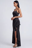 Black Mermaid Spaghetti Straps Satin Ruffled Formal Dress