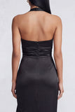 Halter Black Mermaid Satin Ruffled Long Formal Dress