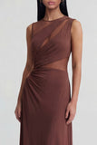 Brown Round Neck Illusion Cut Out Sheath Formal Dress