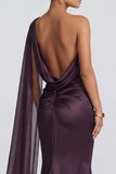 One Shoulder Cabernet Mermaid Blackless Formal Dress with Side Streamer