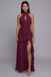 Halter Burgundy Cut Out Ruffled Formal Dress with Slit