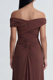 Off The Shoulder Brown Mermaid Ruched Long Formal Dress
