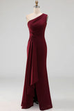 Burgundy Mermaid One Shoulder Ruched Long Formal Dress