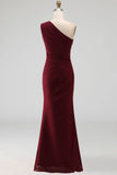 Burgundy Mermaid One Shoulder Ruched Long Formal Dress