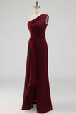 Burgundy Mermaid One Shoulder Ruched Long Formal Dress