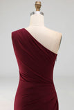 Burgundy Mermaid One Shoulder Ruched Long Formal Dress