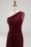 Burgundy Mermaid One Shoulder Ruched Long Formal Dress