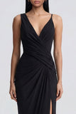 Black V Neck Sheath Formal Dress with Slit