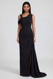 Black Sheath Asymmetrical Neck Formal Dress with Streamer