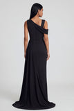 Black Sheath Asymmetrical Neck Formal Dress with Streamer