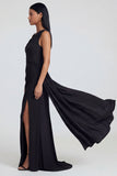 Black Sheath Asymmetrical Neck Formal Dress with Streamer