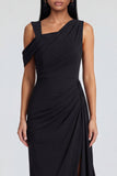 Black Sheath Asymmetrical Neck Formal Dress with Streamer