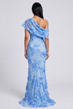 Yellow Mermaid Asymmetrical Neck Formal Dress with Floral Embroidery