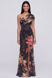One Shoulder Champagne Long Floral Dress with Slit