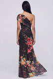 One Shoulder Champagne Long Floral Dress with Slit