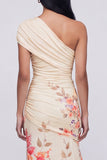 One Shoulder Champagne Long Floral Dress with Slit