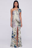 One Shoulder Champagne Long Floral Dress with Slit