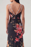 Black Floral V Neck Spaghetti Straps Mermaid Long Formal Dress
