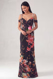 Black Cold Shoulder Floral Mermaid Ruched Formal Dress