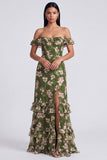 Off the Shoulder Dark Green Tiered Ruffle Floral Dress with Slit