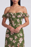 Off the Shoulder Dark Green Tiered Ruffle Floral Dress with Slit