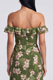 Off the Shoulder Dark Green Tiered Ruffle Floral Dress with Slit