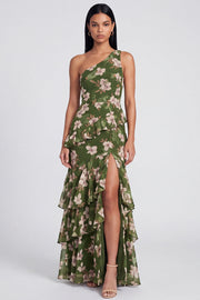 One Shoulder Dark Green Mermaid Tiered Ruffled Floral Long Formal Dress with Slit