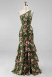 One Shoulder Dark Green Mermaid Tiered Ruffle Floral Dress with Slit