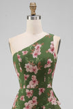 One Shoulder Dark Green Mermaid Tiered Ruffle Floral Dress with Slit