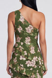 One Shoulder Dark Green Mermaid Tiered Ruffle Floral Dress with Slit