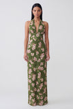 Dark Green Halter Backless Sheath Long Floral Dress