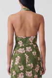 Dark Green Halter Backless Sheath Long Floral Dress