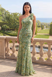 Dusty Green One Shoulder Mermaid Ruched Formal Dress with 3D Flowers