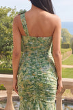 Dusty Green One Shoulder Mermaid Ruched Formal Dress with 3D Flowers