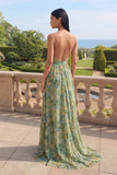 Dusty Green A Line Spaghetti Straps Floral Dress with Slit