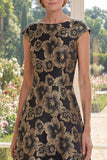 A Line Black Bateau Neck Jacquard Long Mother Of the Bride Dress